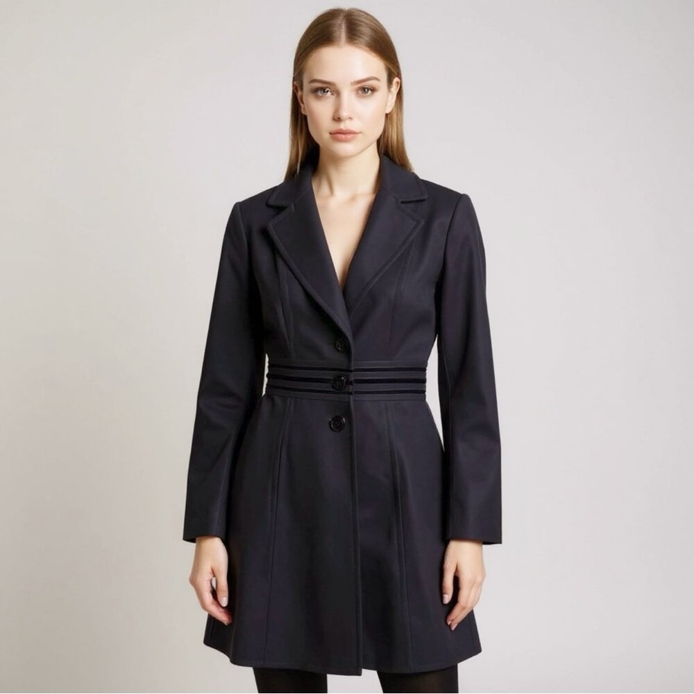 Jessica Simpson Black Wool Cashmere Flare Fitted Pea Coat Velvet Trim Size Small